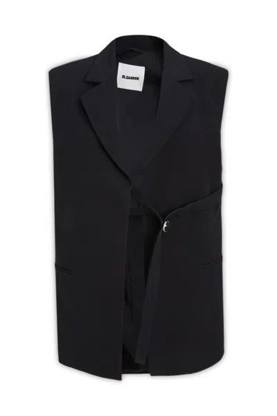 Jil Sander Buckle Lapel Sleeveless Jackets In Black