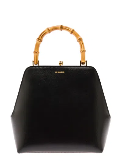 Jil Sander Goji Square Black Leather Handbag With Bamboo Handle  Woman