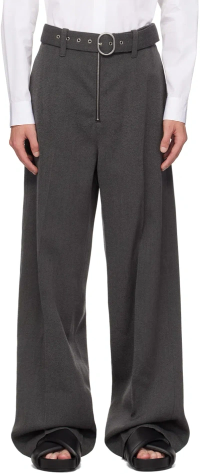 Jil Sander Gray Belted Wool Trousers In 036 Antracite