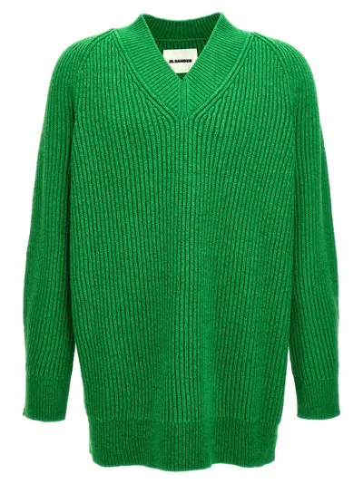 Jil Sander Oversized V Neck Ribbed Knit Sweater In Green