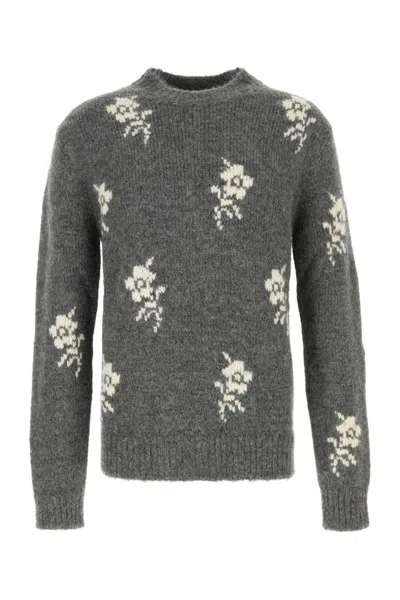 JIL SANDER GREY FLORAL CREW-NECK SWEATER