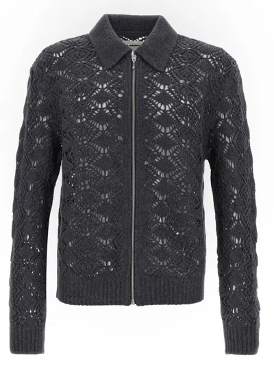 JIL SANDER GREY OPENWORK WOOL CARDIGAN