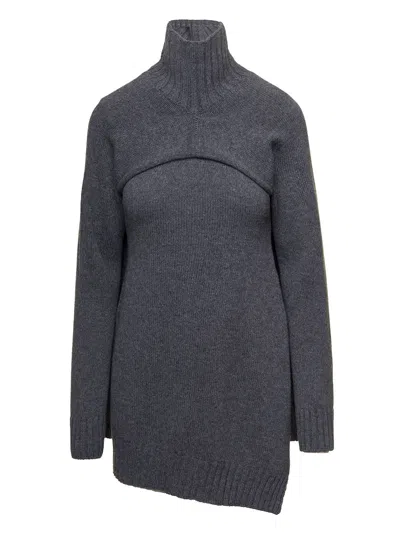 JIL SANDER GREY TWO-PIECE SWEATER WITH HIGH-NECK IN WOOL WOMAN
