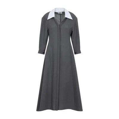 JIL SANDER GREY WOOL CANVAS V-NECK DRESS