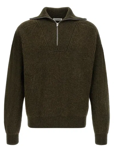 Jil Sander Half-zip Ribbed Wool Cardigan In Green