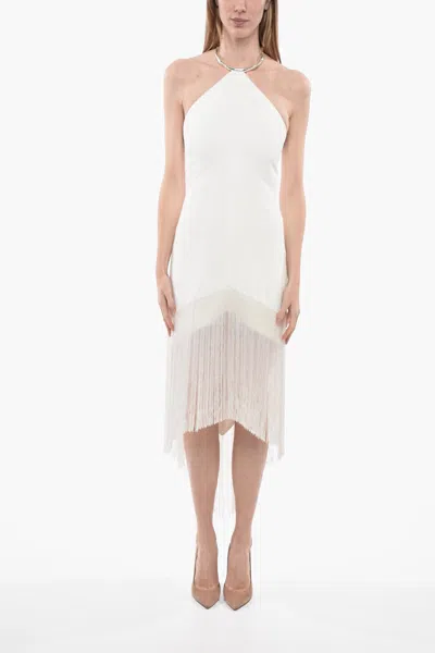 Jil Sander Halterneck Dress With Beaded Fringes In White