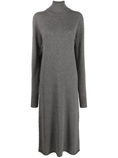 Jil Sander High Neck Long Sleeve Cashmere Midi Dress In Gray