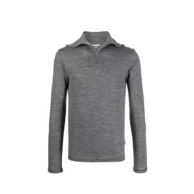 Jil Sander High Neck Wool Blend T-shirt With Front Zip Closure In Gray