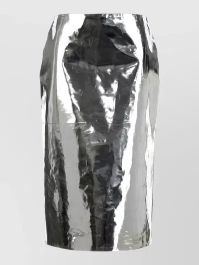 Jil Sander High Waisted Leather Knee Length Pencil Skirt In Silver