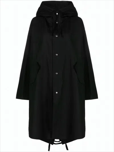 Jil Sander Hooded Black Cotton Coat With Fishtail Hem