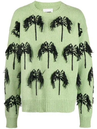 Jil Sander Intarsia Fringed Cotton-blend Jumper In Green