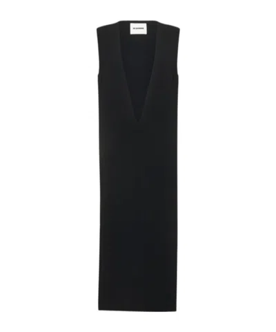 Jil Sander Interlock Deep V Neck Midi Dress In Black