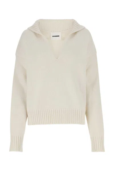 JIL SANDER IVORY KNITTED SPLIT-NECK JUMPER