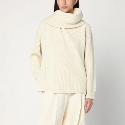 Jil Sander Ivory Sweater In Wool With Scarf In Metallic