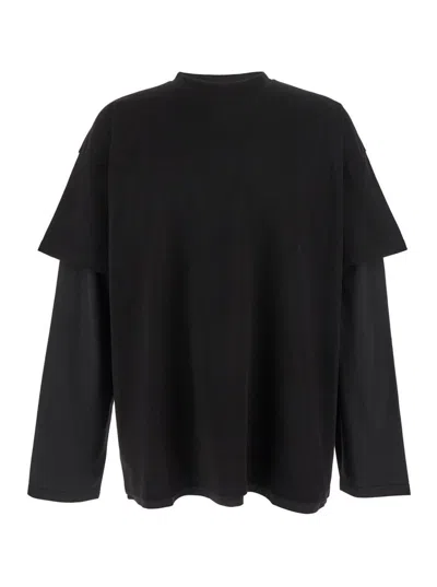 JIL SANDER BLACK CREWNECK T-SHIRT WITH LOGO LETTERING ON THE REAR AND LAYERED DESIGN IN COTTON MAN