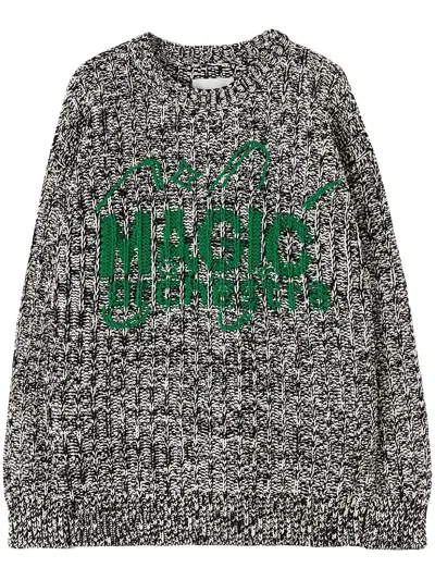 Jil Sander Jacquard Wool Crew Neck Jumper In 985 Black/off White/green