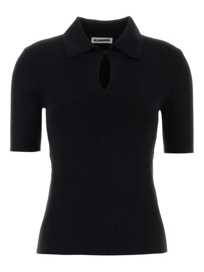 Jil Sander Wool Polo Shirt With Ribbed Texture And Keyhole In Black