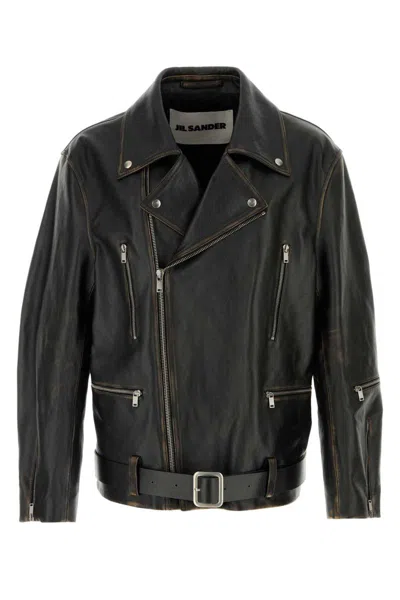 Jil Sander Leather Jacket Featuring Belted Waist And Zip Pockets In Black