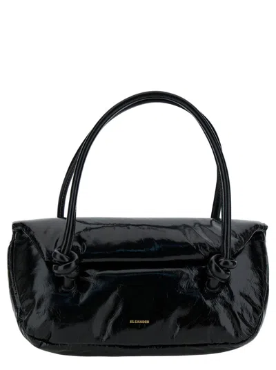 Jil Sander Knot Small Black Shoulder Bag With Laminated Logo In Patent Leather