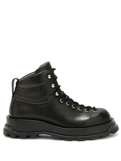 Jil Sander Lace-up Leather Ankle Boots In Black
