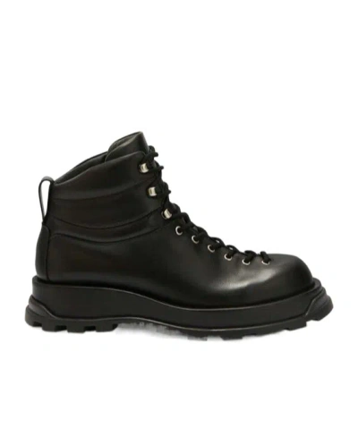 Jil Sander Lace-up Leather Ankle Boots In Black