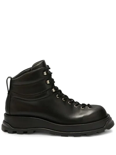 Jil Sander Lace-up Leather Ankle Boots In Black