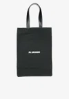 Jil Sander Logo Print Cotton-linen Blend Tote Bag In Black