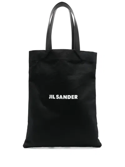 Jil Sander Logo Print Cotton-linen Blend Tote Bag In Black