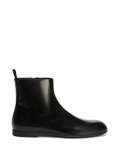 Jil Sander Leather Ankle Boots Flat Sole Pull Tab In Black