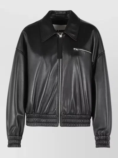 Jil Sander Leather Bomber Jacket Collared Pockets Elasticated Hem In Black