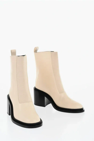 Jil Sander Leather Bootie With Stretchy Insert Heel 8 Cm In Beige