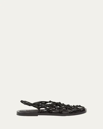Jil Sander Leather Crochet Net Ballerina Flat Sandals In Black