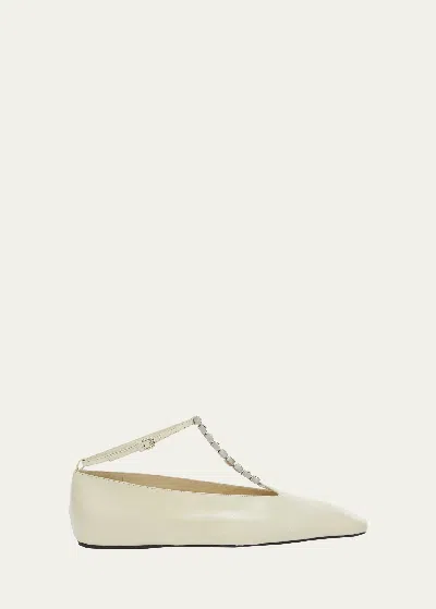 Jil Sander Leather Crystal T-strap Ballerina Flats In Chalk