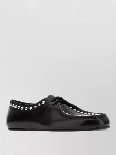 Jil Sander Leather Lace Up Loafers Flat Sole Studded In Black