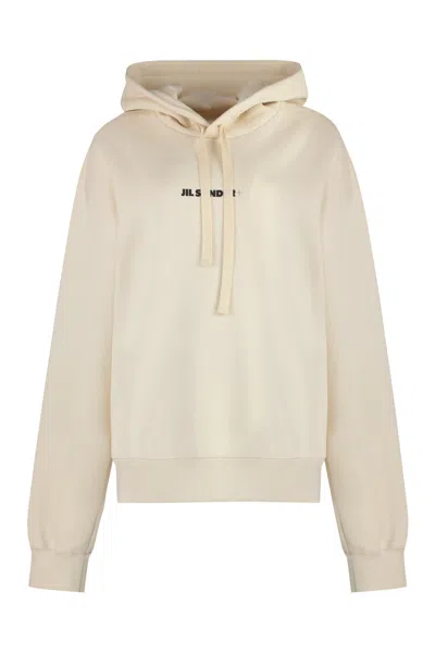 Jil Sander Logo Cotton Hoodie In Ecru