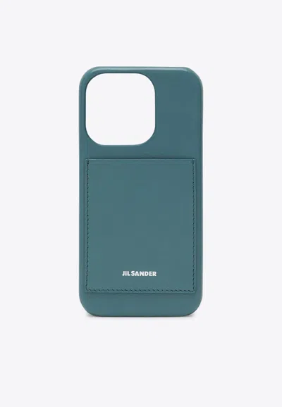 Jil Sander Logo Embossed Iphone 15 Pro Max Leather Cover In Blue