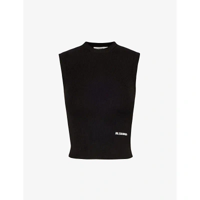 Jil Sander Womens Black Logo-embroidered V-neck Top