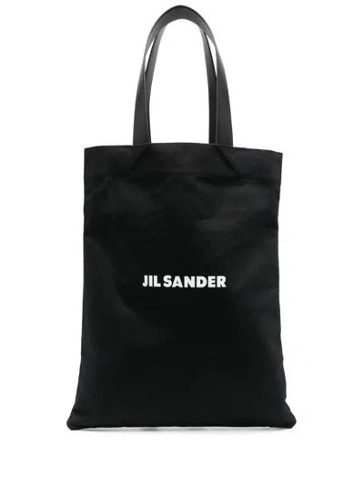 Jil Sander Logo Linen And Cotton Tote Bag In Black