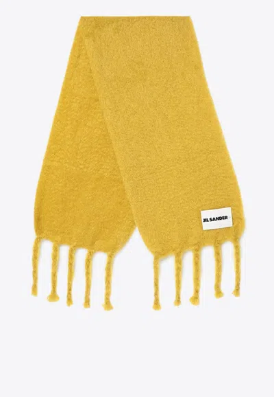 Jil Sander Logo-patch Fringed Mohair Scarf In Yellow
