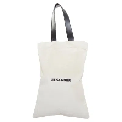 Pre-owned Jil Sander Logo Print Canvas Long Tote Beige Canvas Black Leather Trim Bag
