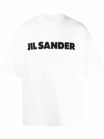 Jil Sander White Crewneck T-shirt With Lettering Print And Contrasting Logo In Cotton Man