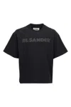 Jil Sander Round Neck Black Cotton T-shirt With Tonal Logo Print In Black