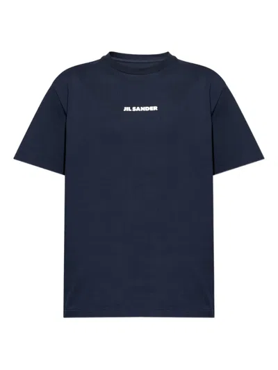Jil Sander Men Blue Crewneck T-shirt With Logo Lettering On The Front In Cotton Man