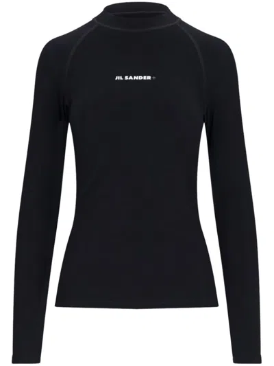 Jil Sander Long-sleeved Tech Fabric Top With Printed Logo In Black