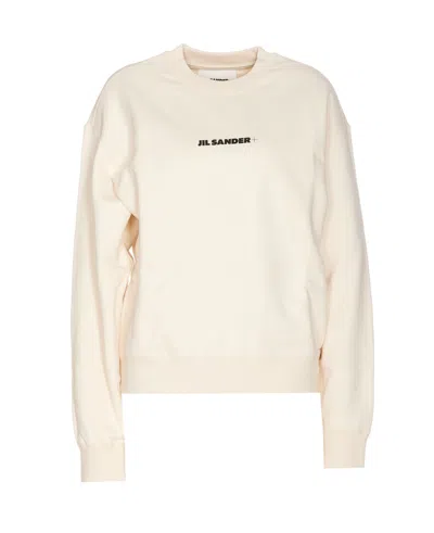 Jil Sander Crew Neck Long Sleeve Boxy Fit Printed Logo Sweatshirt In White