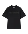 Jil Sander Round Neck Black Cotton T-shirt With Tonal Logo Print In Black