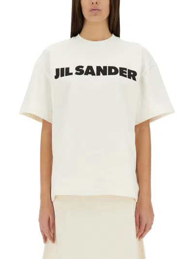 Jil Sander Women White Crewneck T-shirt With Logo Lettering On The Front In Cotton Woman In Gray