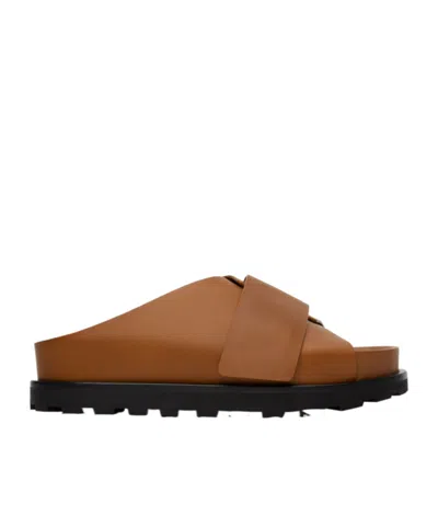Jil Sander Logo Velcro Slippers In Brown