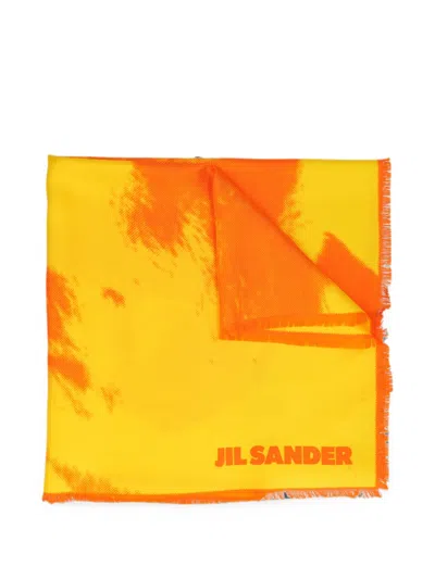 Pre-owned Jil Sander Logo-print Fringed Scarf In Yellow