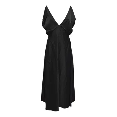 Jil Sander Long Black Satin V-neck Dress